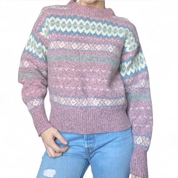 Vintage Eddie Bauer Women’s Wool Blend Fair Isle Knit Pink Sweater Sz M USA Made - Picture 1 of 7
